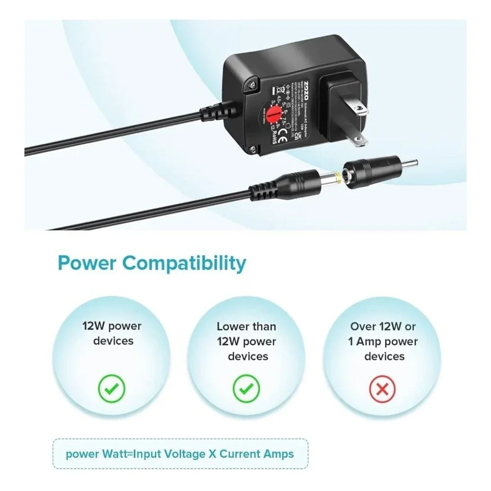 ZOZO 12W Universal AC to DC Power Adapter 3V-12V Adjustable Multi-Voltage Switch